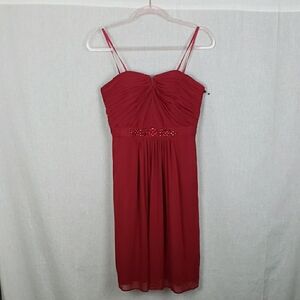 Adrianna Papell Cherry Red Dress 6 Strapless Ruched Empire Babydoll Beaded Prom‎